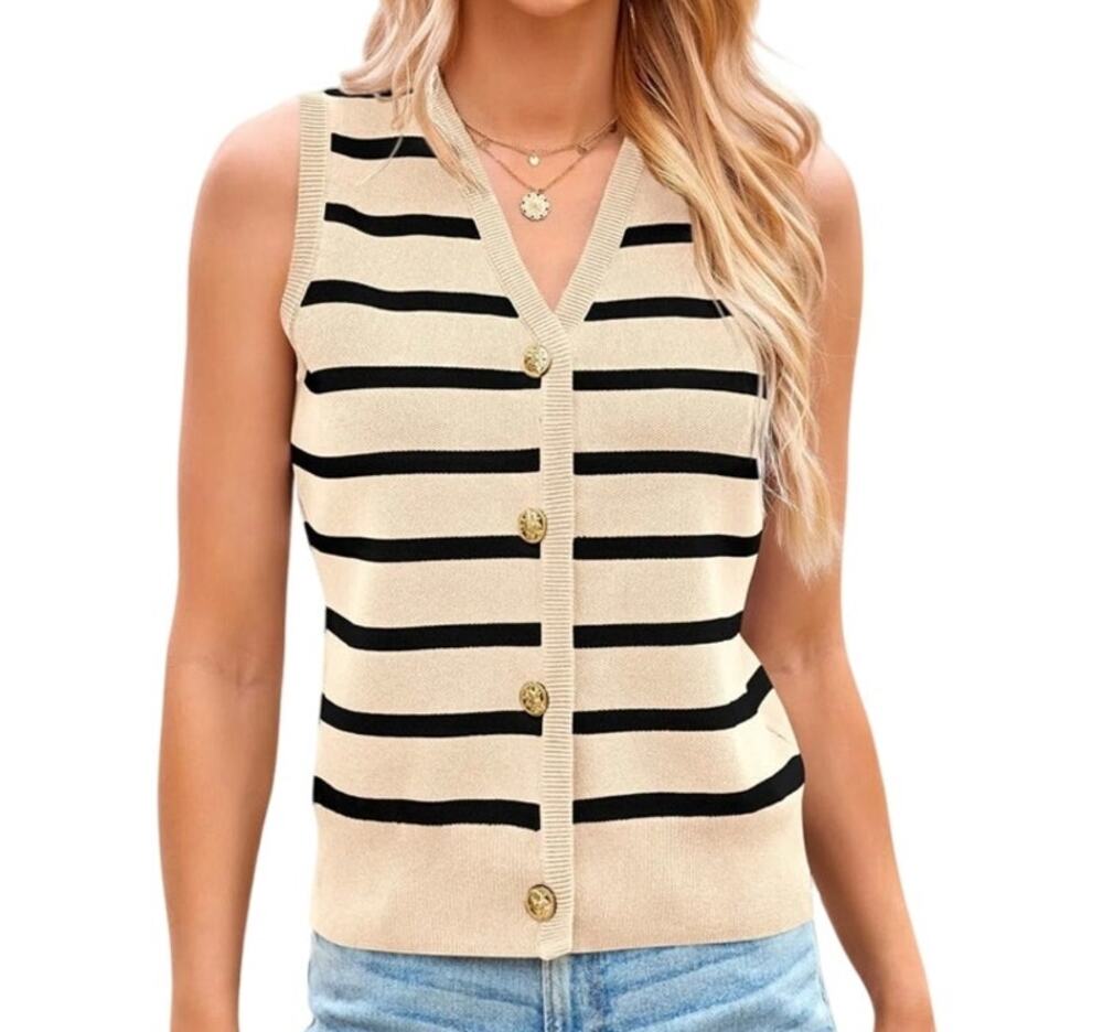 Fashion Women's Small Cream Black Gold Stripe V-Neck Sleeveless Vest